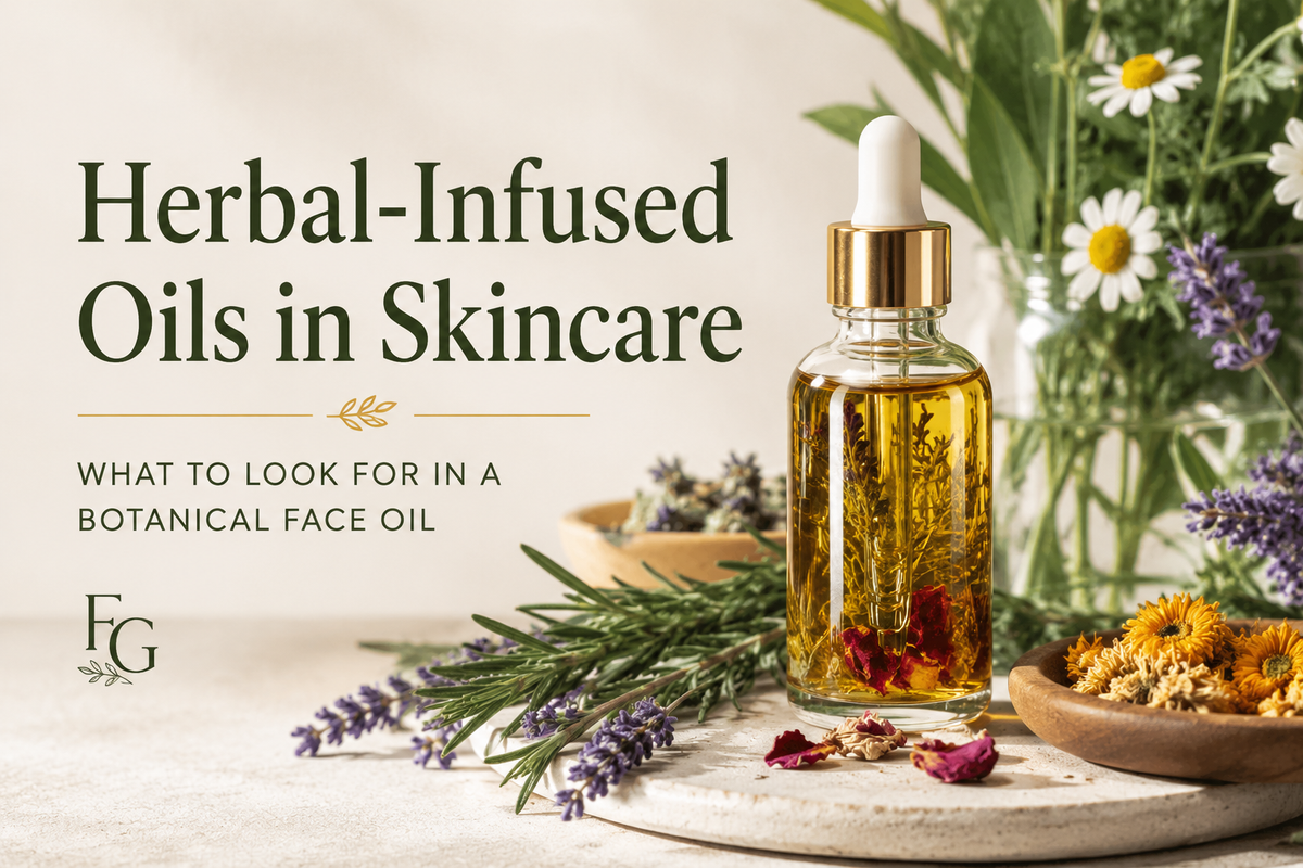 Herbal-infused oil in a dropper bottle with dried flowers and herbs