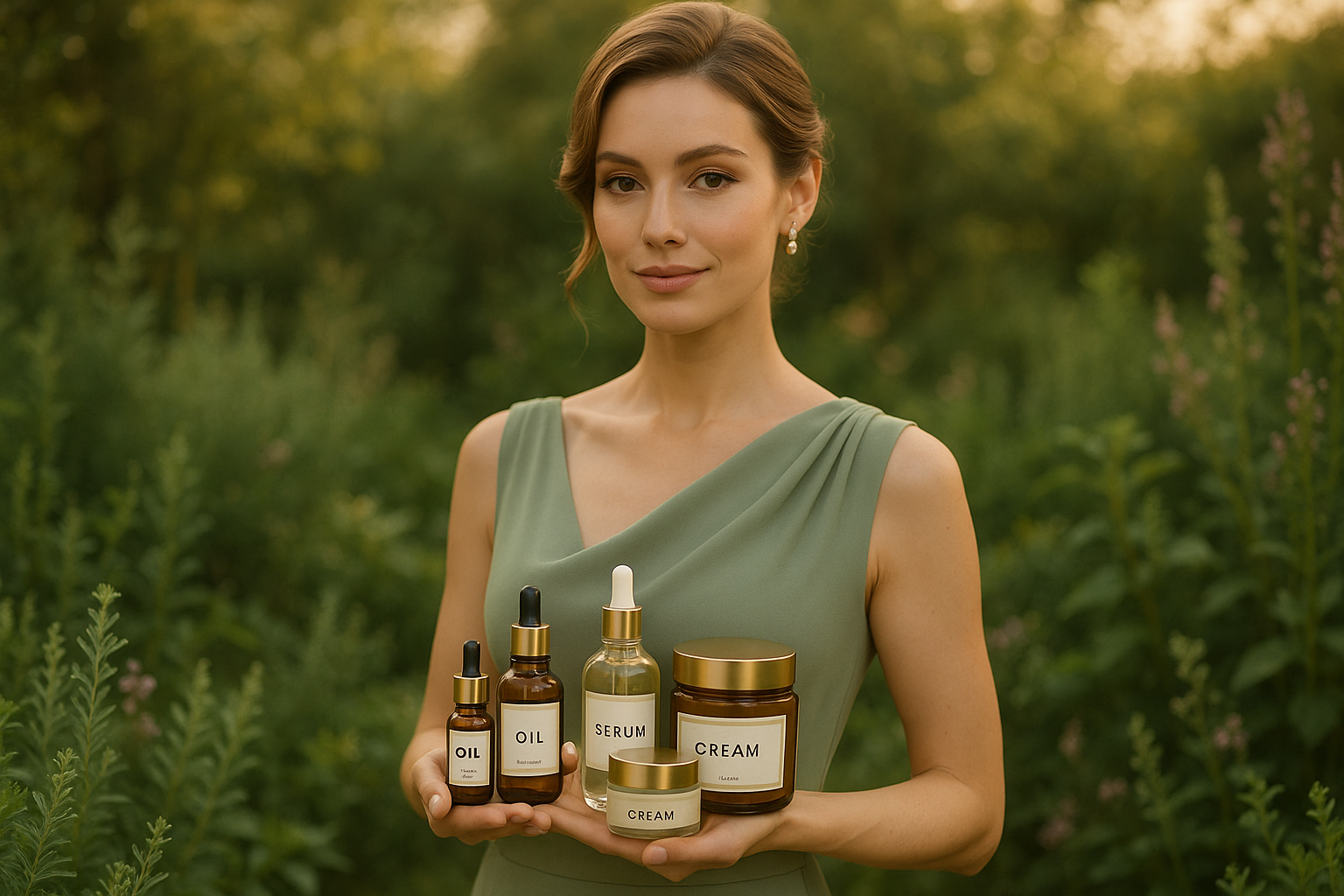 30ish elegant and trendy queen in her garden presents small labeled bottles and jars of beauty oils and creams she made. Dominant colours are sage and gold.