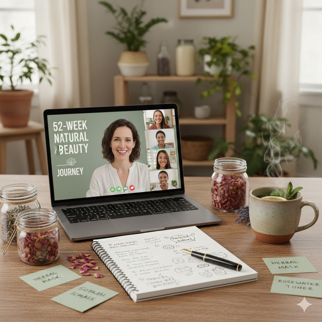Virtual natural beauty consultation with herbal skincare products on desk