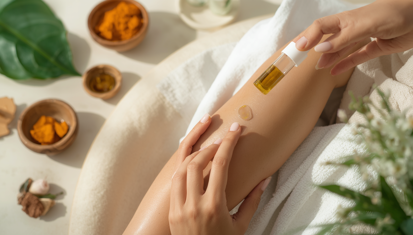 Ayurvedic skincare patch test with natural herbal oil applied to skin using a dropper for sensitive skin and allergy safety guidance.